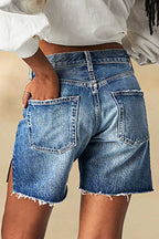 Split Raw Hem Mid Waist Denim Mid Thigh Shorts