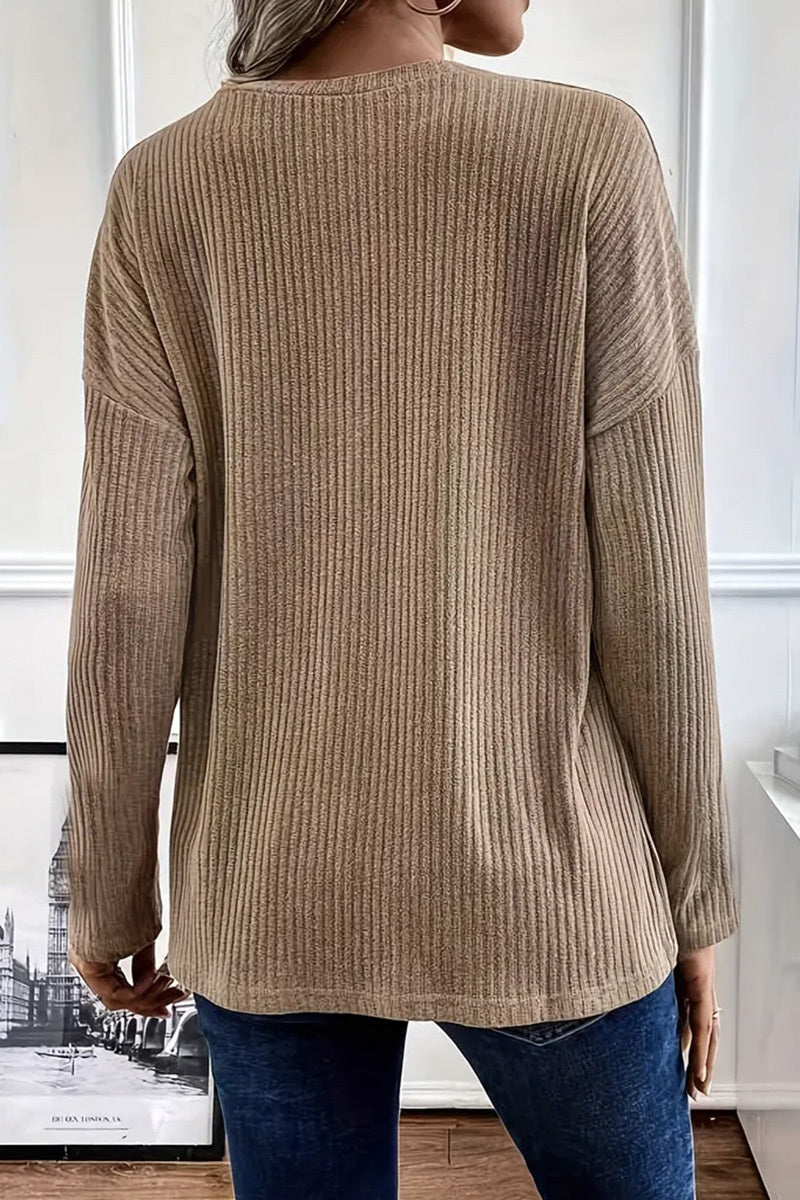 Solid Rib-Knit Half Button Long Sleeve T-Shirt