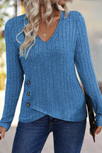 Rib Knit Asymmetrical Button Decor V Neck Long Sleeve T-Shirt