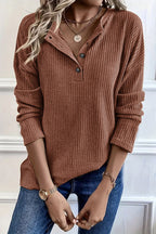 Solid Rib-Knit Half Button Long Sleeve T-Shirt