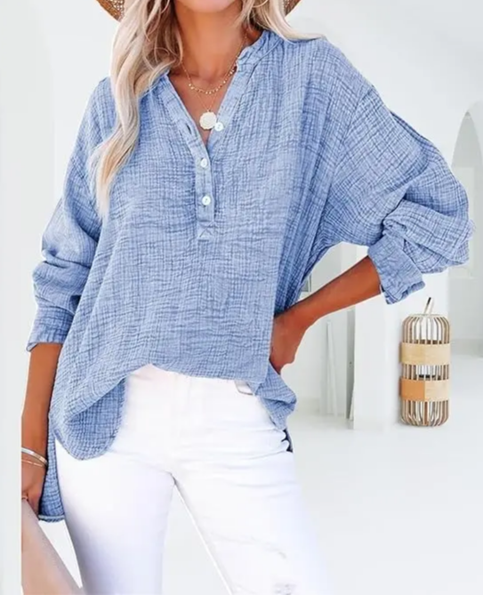 Womens Casual Button V Neck Long Sleeve Shirts Oversized Solid Blouses Tops