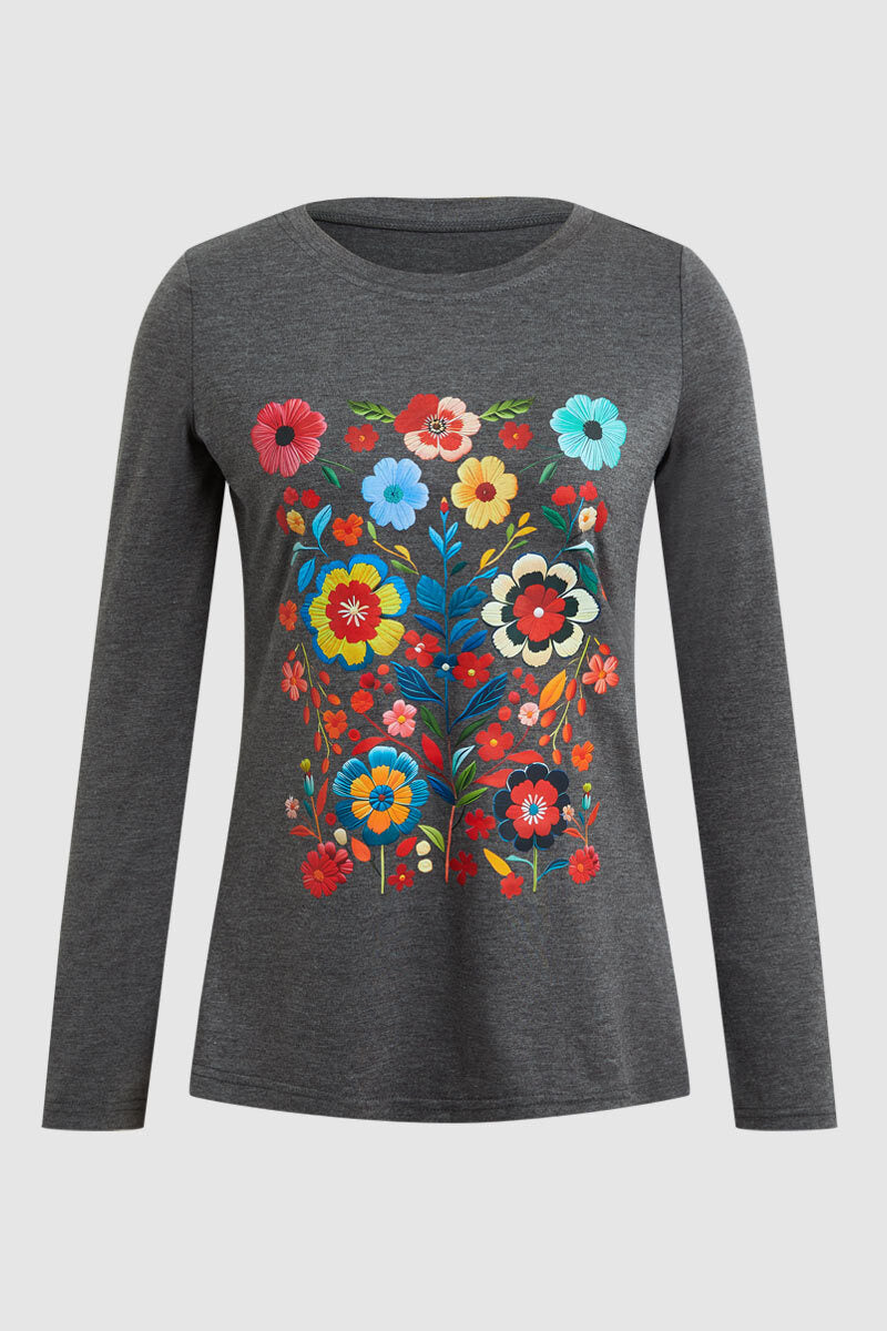 Floral Print Round Neck Long Sleeve T-Shirt
