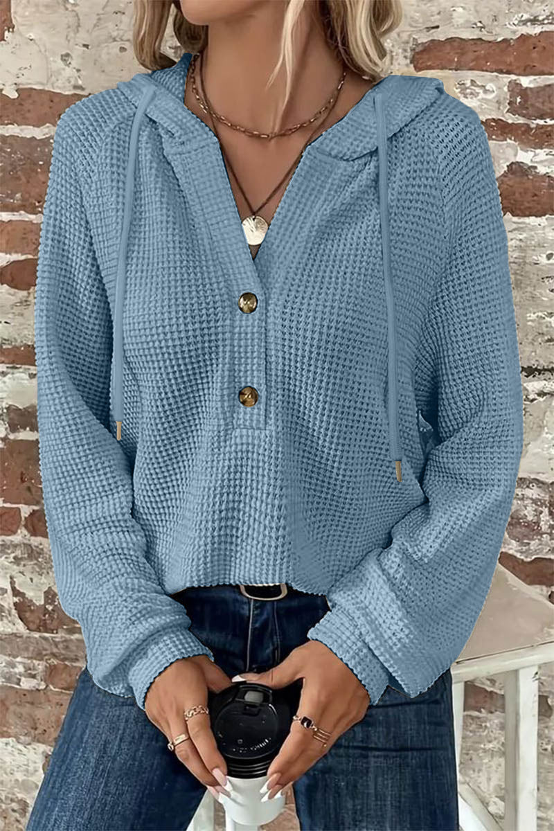 Waffle Knit Half Button Placket Drawstring Hooded Long Sleeve T-Shirt