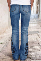 Floral Embroidery Wash Mid Waist Bootcut Jeans