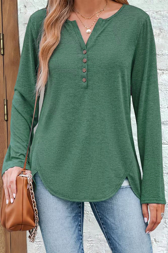 Button Front Scallop Hem Notched Neck Long Sleeve T-Shirt