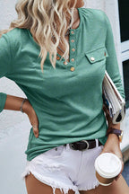 Solid Button Front Round Neck Long Sleeve T-Shirt