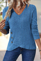 Rib Knit Asymmetrical Button Decor V Neck Long Sleeve T-Shirt