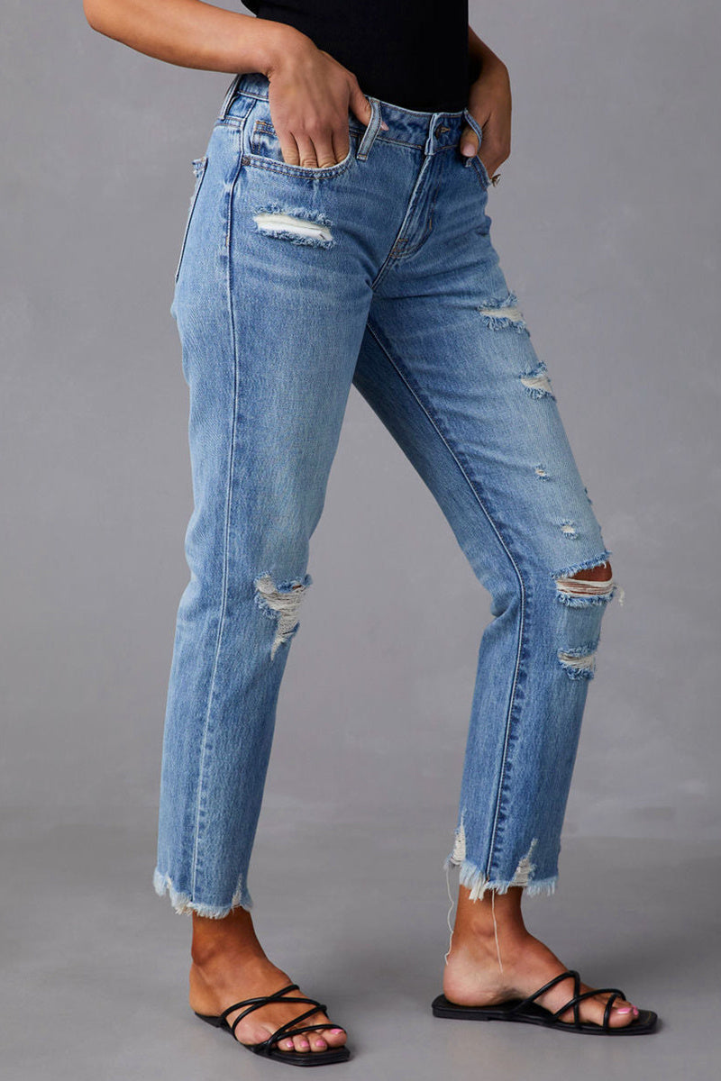 Wash Ripped Raw Hem Mid Rise Crop Jeans