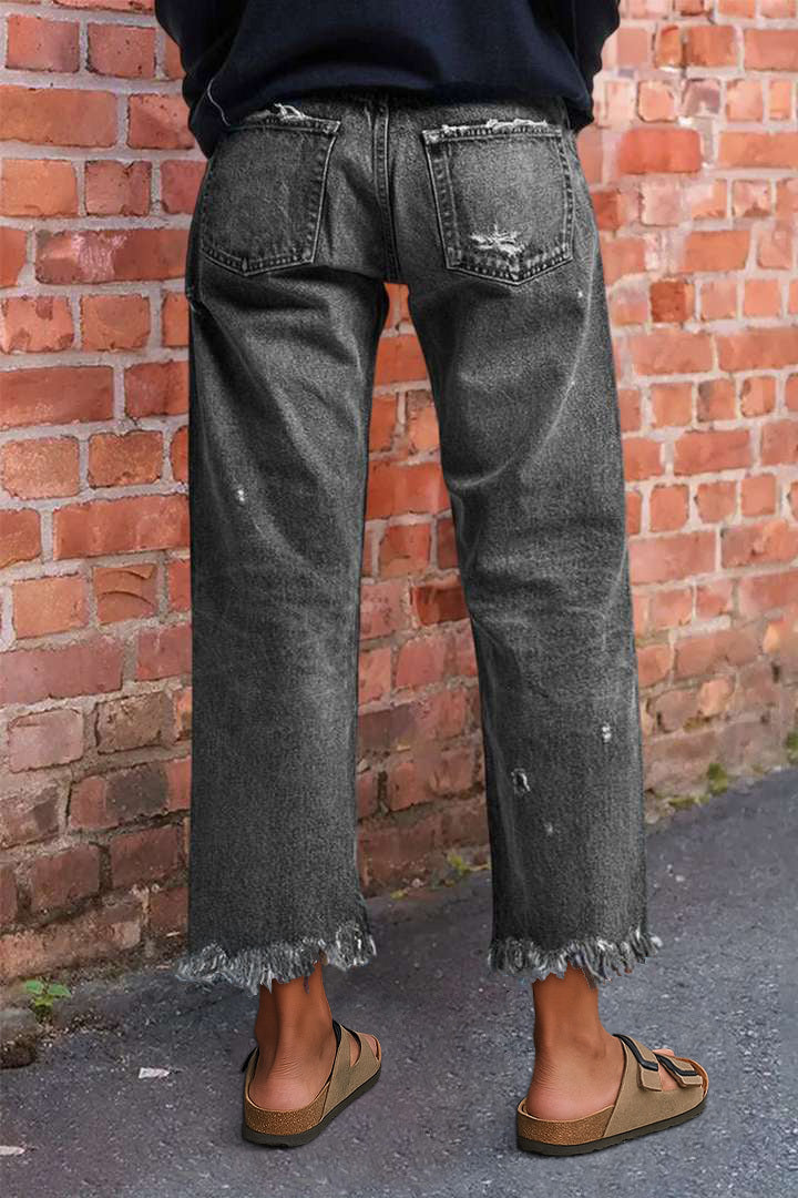 Wash Raw Hem Ripped Mid Rise Crop Barrel Leg Jeans