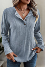 Solid Rib-Knit Half Button Long Sleeve T-Shirt