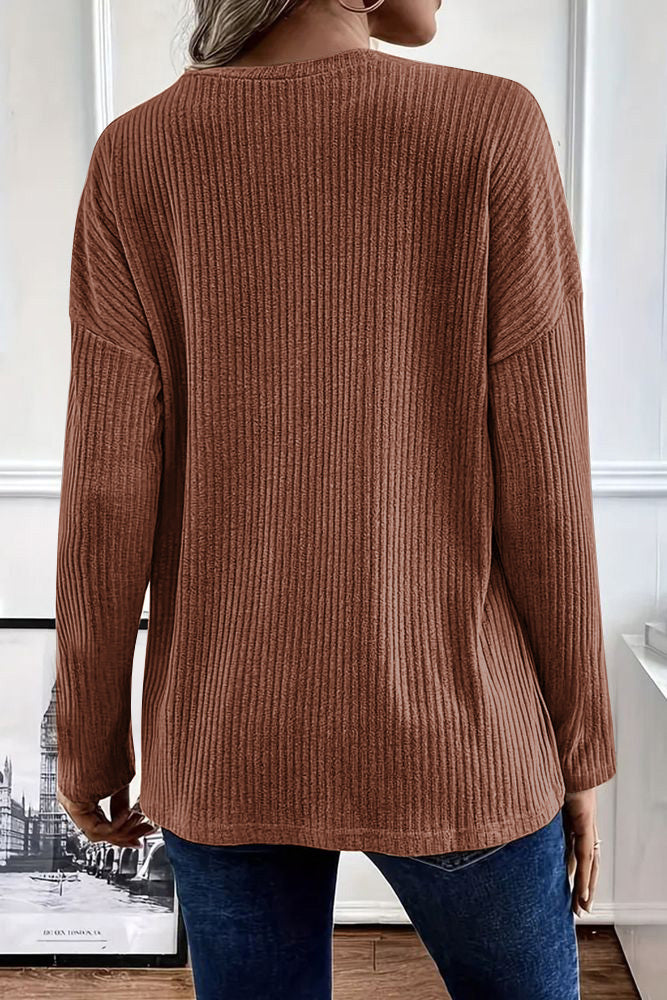 Solid Rib-Knit Half Button Long Sleeve T-Shirt