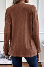 Solid Rib-Knit Half Button Long Sleeve T-Shirt