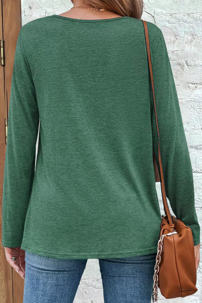 Button Front Scallop Hem Notched Neck Long Sleeve T-Shirt