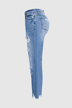 Wash Ripped Raw Hem Mid Rise Crop Jeans