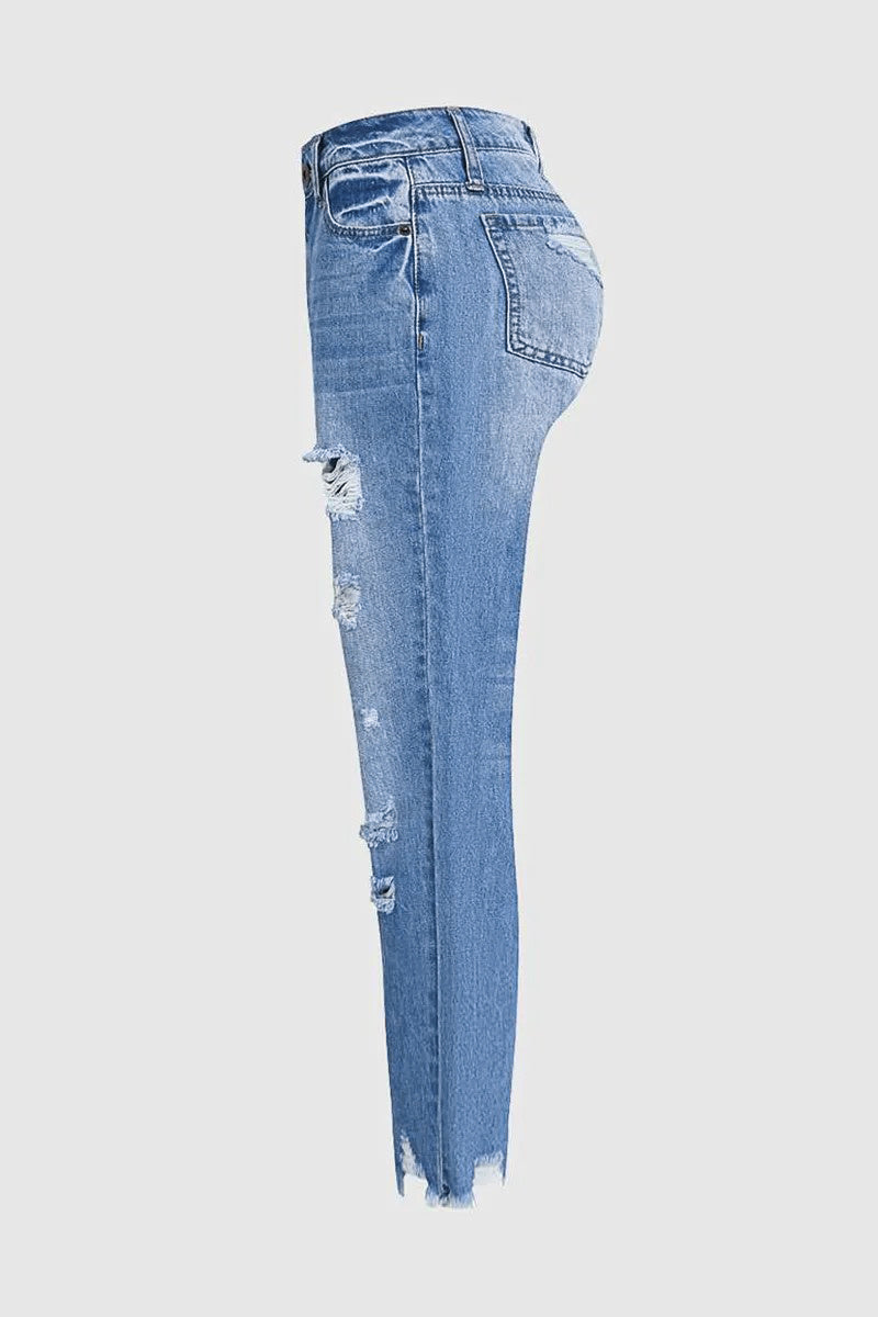 Wash Ripped Raw Hem Mid Rise Crop Jeans
