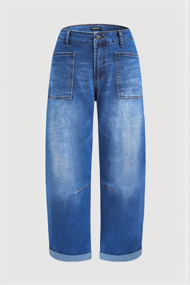 Roll Hem Stitch Detail Patch Pocket High Waist Barrel Leg Crop Jeans