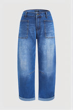 Roll Hem Stitch Detail Patch Pocket High Waist Barrel Leg Crop Jeans