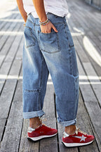 Roll Hem Stitch Detail Patch Pocket High Waist Barrel Leg Crop Jeans