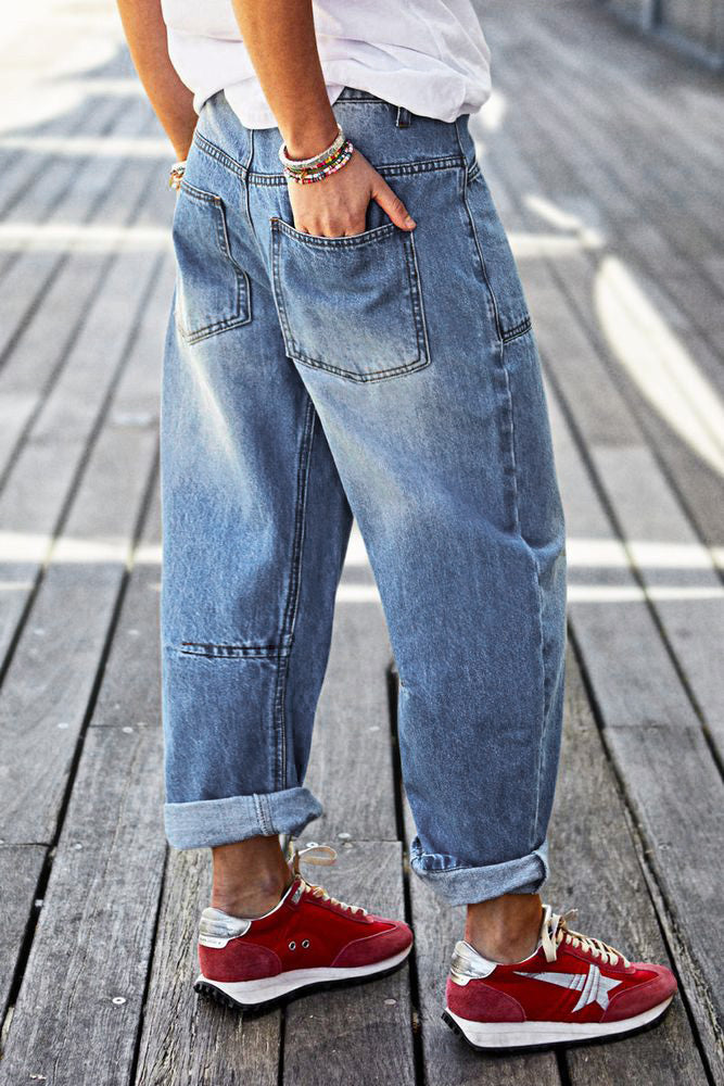 Roll Hem Stitch Detail Patch Pocket High Waist Barrel Leg Crop Jeans