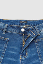 Wash Patch Pocket Raw Hem Mid Rise Straight Leg Jeans Without Belt