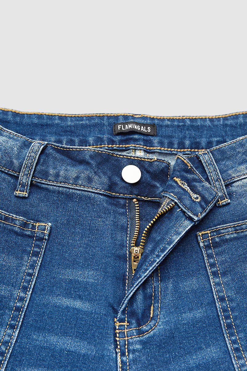 Wash Patch Pocket Raw Hem Mid Rise Straight Leg Jeans Without Belt