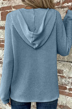 Waffle Knit Half Button Placket Drawstring Hooded Long Sleeve T-Shirt