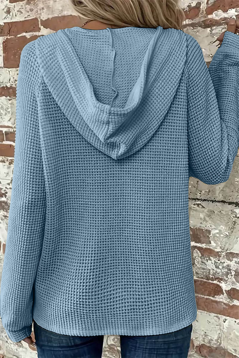 Waffle Knit Half Button Placket Drawstring Hooded Long Sleeve T-Shirt
