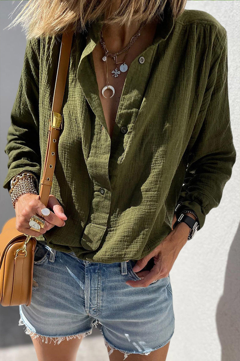 Solid Button Front High Neck Long Sleeve Blouse