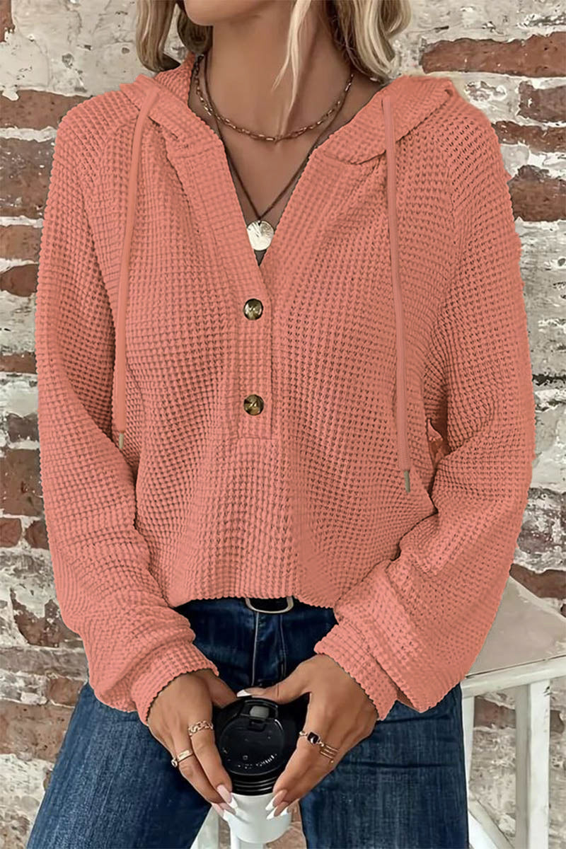 Waffle Knit Half Button Placket Drawstring Hooded Long Sleeve T-Shirt