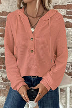 Waffle Knit Half Button Placket Drawstring Hooded Long Sleeve T-Shirt