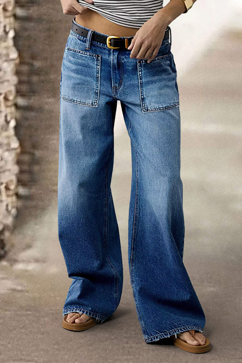 Wash Patch Pocket Raw Hem Mid Rise Straight Leg Jeans Without Belt