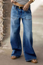 Wash Patch Pocket Raw Hem Mid Rise Straight Leg Jeans Without Belt
