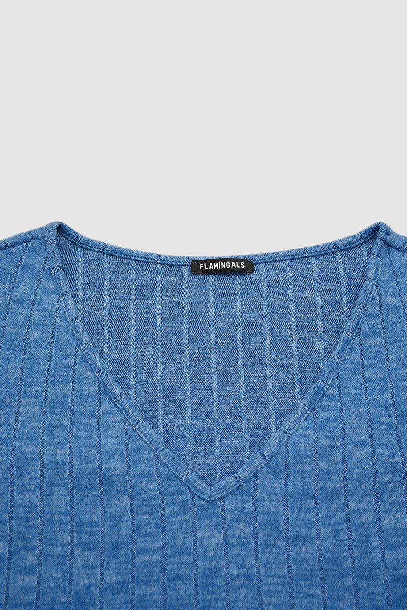 Rib Knit Asymmetrical Button Decor V Neck Long Sleeve T-Shirt