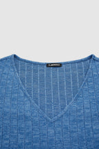 Rib Knit Asymmetrical Button Decor V Neck Long Sleeve T-Shirt