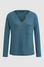 Waffle Knit Pocket Front Notched Neck Long Sleeve T-Shirt