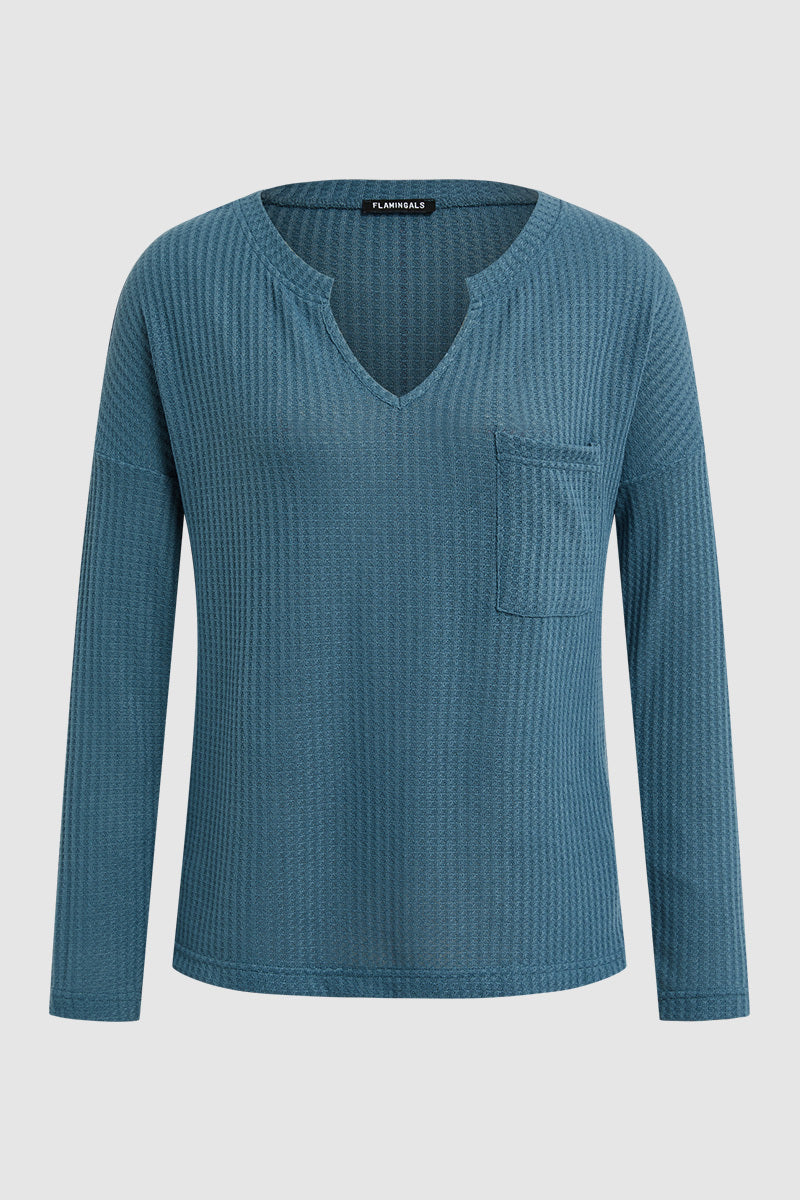Waffle Knit Pocket Front Notched Neck Long Sleeve T-Shirt