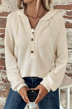 Waffle Knit Half Button Placket Drawstring Hooded Long Sleeve T-Shirt