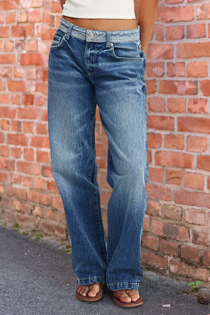 Colorblock Flap Pocket Back Low Rise Straight Leg Jeans