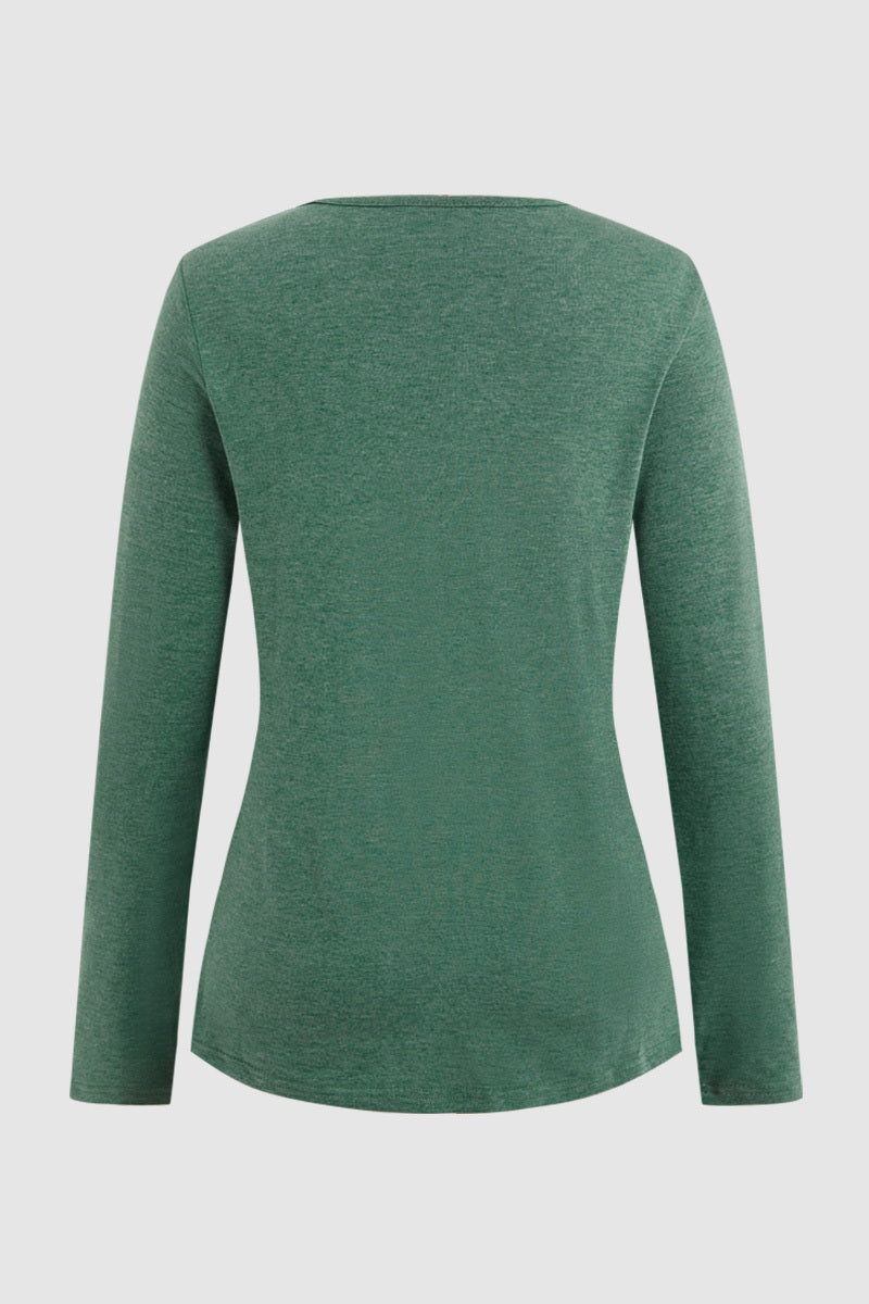 Button Front Scallop Hem Notched Neck Long Sleeve T-Shirt