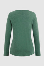 Button Front Scallop Hem Notched Neck Long Sleeve T-Shirt