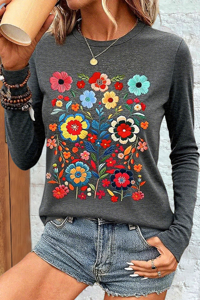 Floral Print Round Neck Long Sleeve T-Shirt
