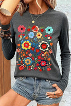 Floral Print Round Neck Long Sleeve T-Shirt