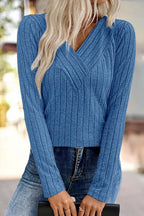 Solid Rib-Knit V Neck Long Sleeve T-Shirt