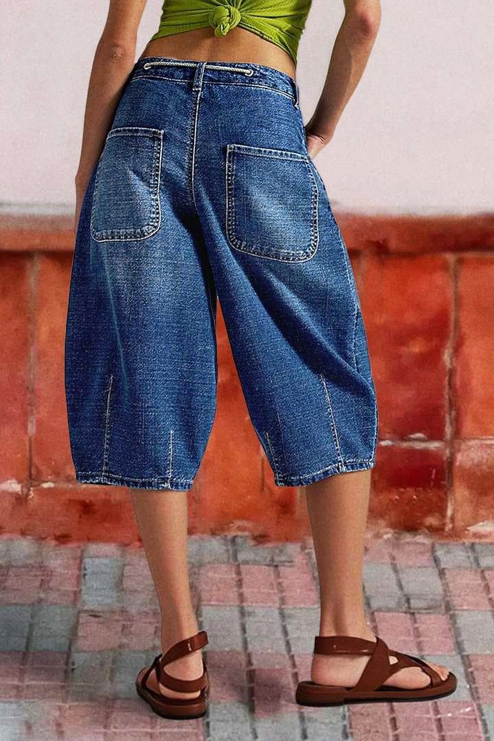 Wash Stitch Detail Drawstring Mid Rise Bermuda Shorts