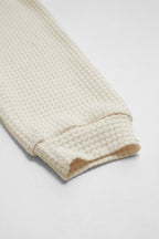 Waffle Knit Half Button Placket Drawstring Hooded Long Sleeve T-Shirt