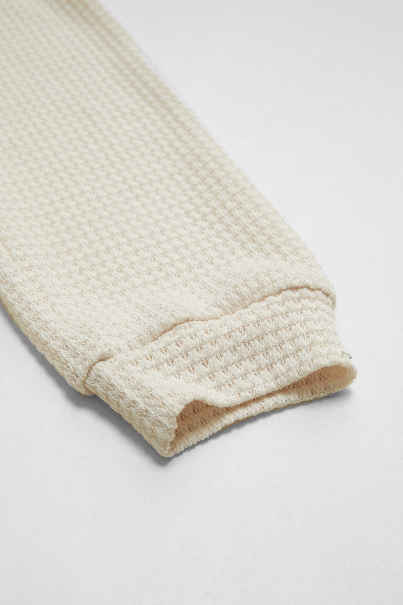 Waffle Knit Half Button Placket Drawstring Hooded Long Sleeve T-Shirt