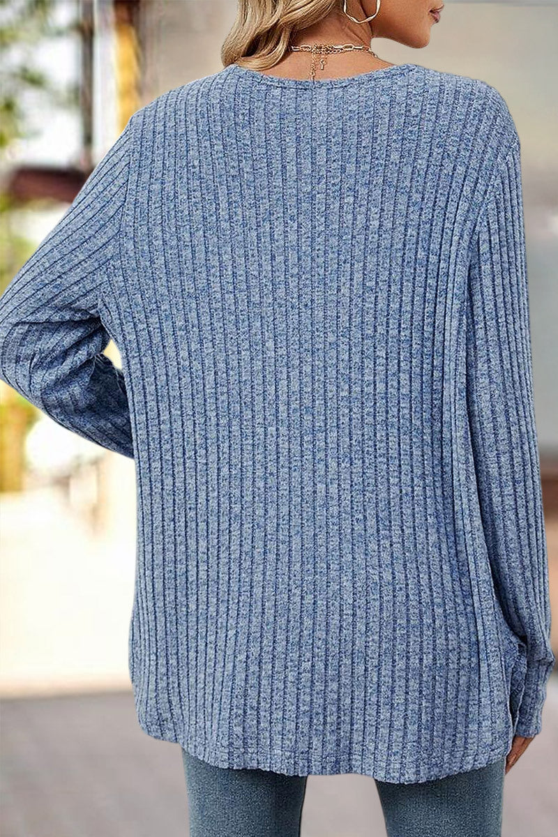 Solid Ribbed Split Side Button Up Long Sleeve Cardigan