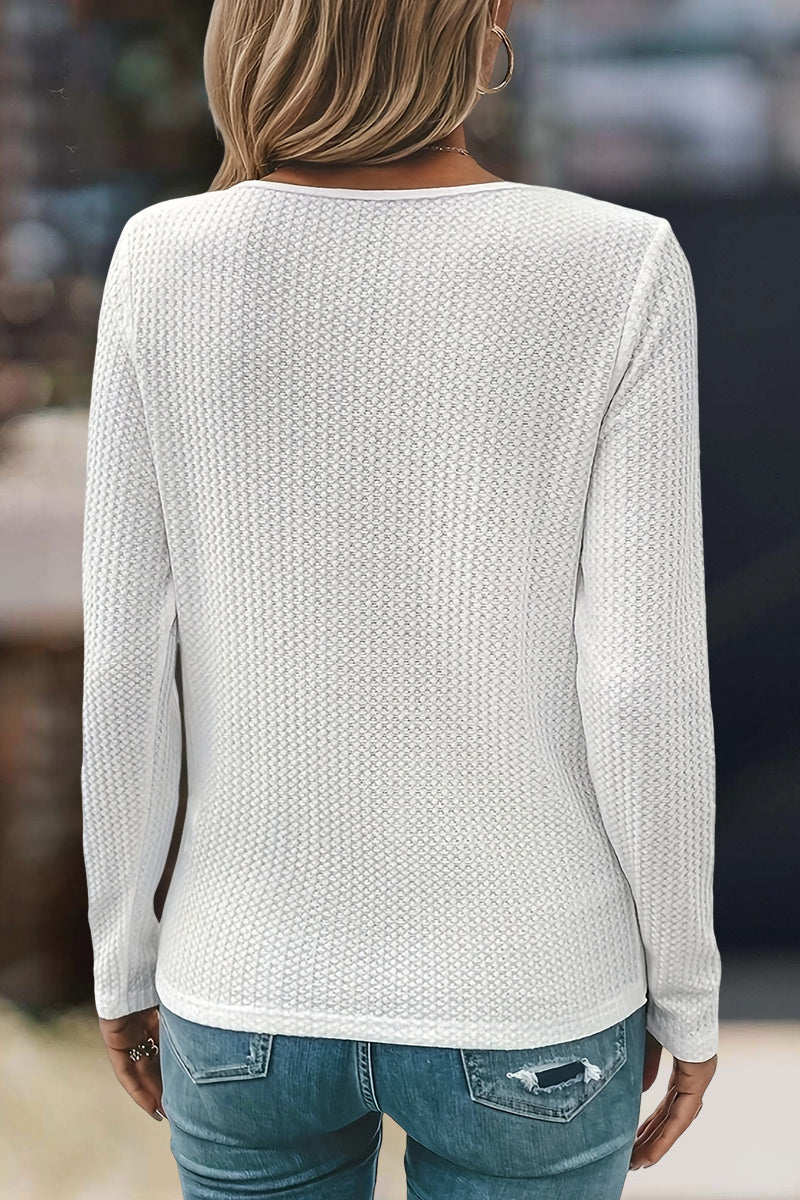 Solid Waffle Knit Wrap V Neck Long Sleeve T-Shirt