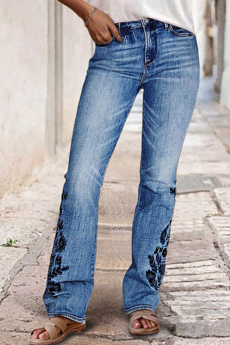 Floral Embroidery Wash Mid Waist Bootcut Jeans
