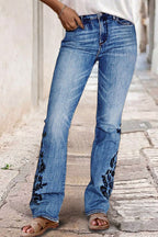Floral Embroidery Wash Mid Waist Bootcut Jeans
